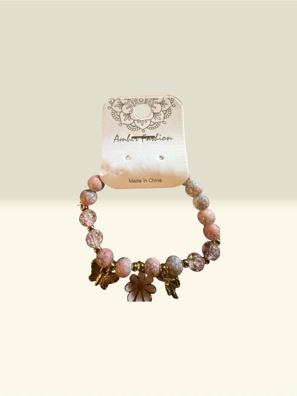 Pink Beaded Floral Charm Bracelet